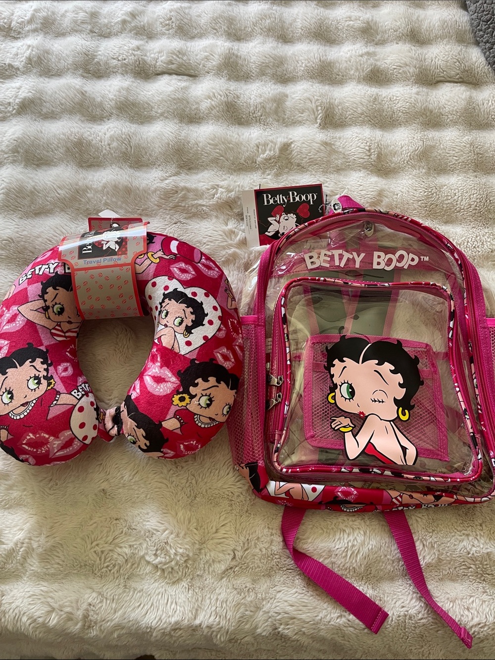 ❤️NEW!!!❤️Betty Boop Collection of Pink Clear Backpack & Pink Travel Neck Pillow